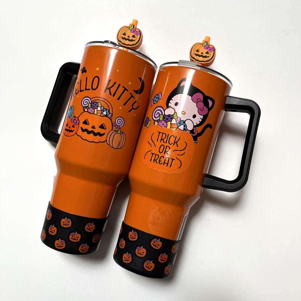 2pc Hello Kitty Halloween 40oz Tumblers Bioworld Pumpkin Straw Topper NEW - Picture 2 of 7